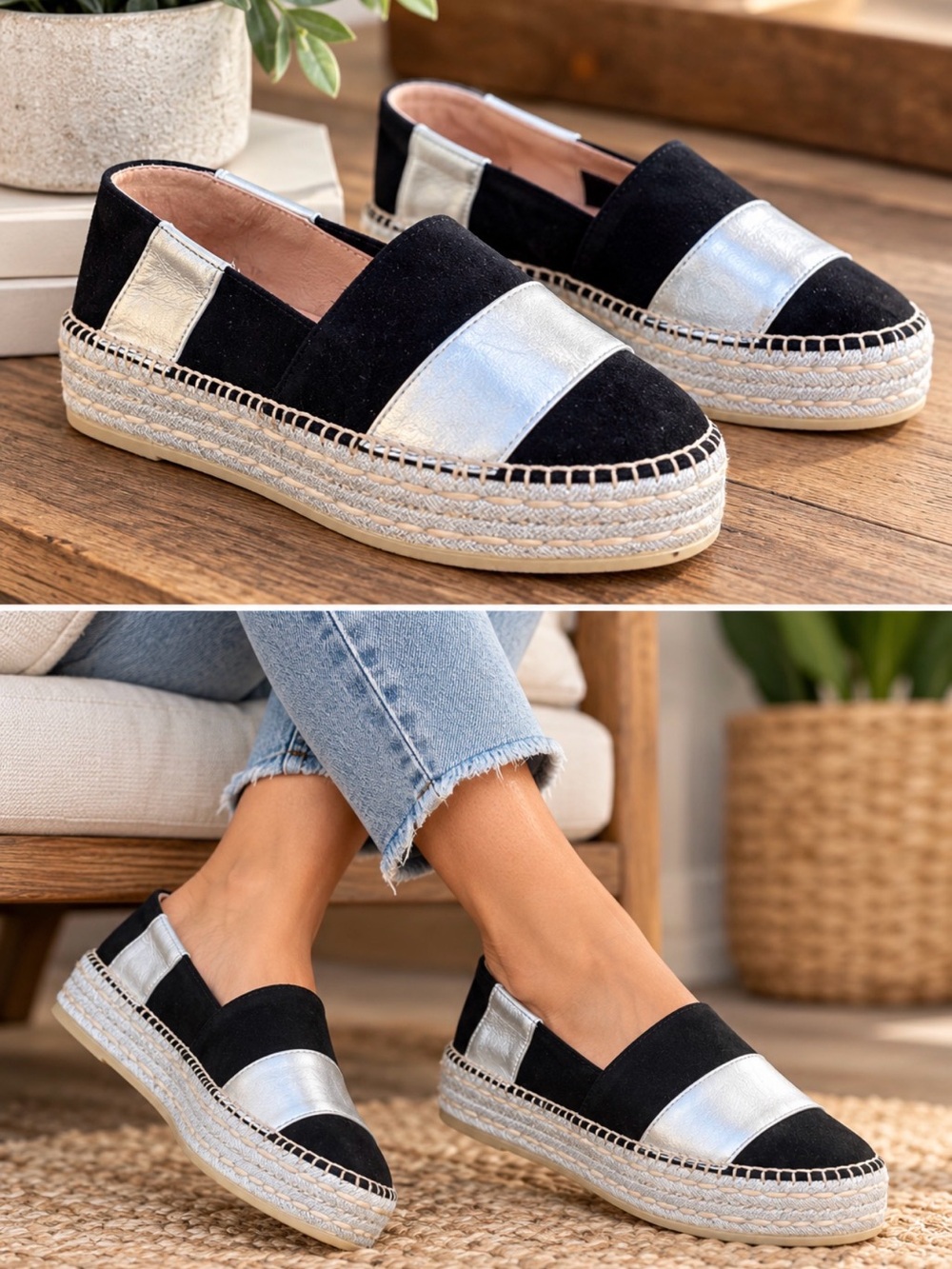 Anthropologie Gaimo Espadrilles Black and Silver Leather Platforms
